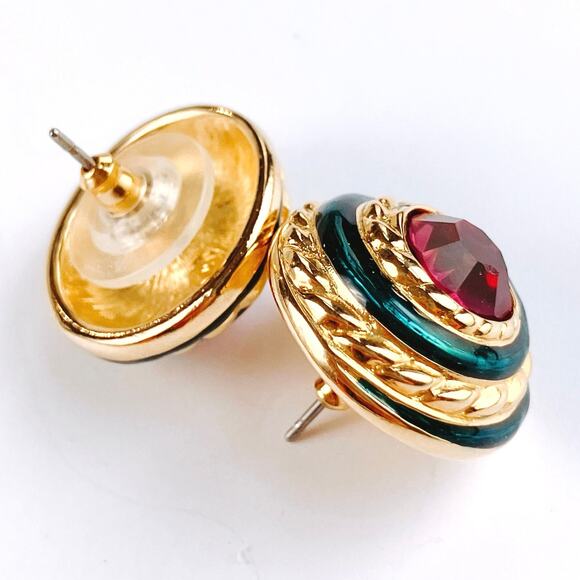 VTG Signed Swarovski Crystal Dome Stud Earrings 80s 90s Teal Enamel Fuchsia - Picture 5 of 14